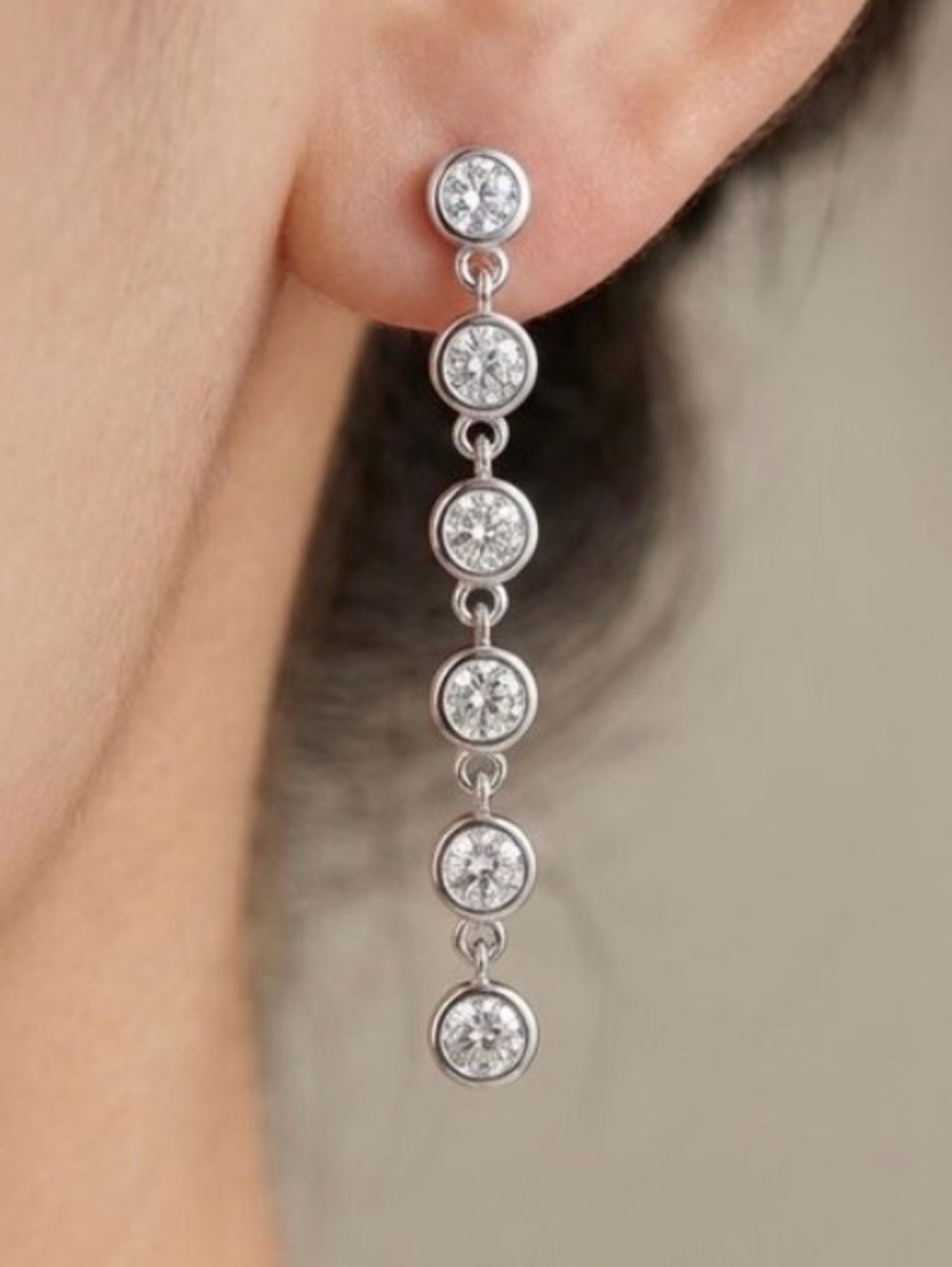 CZ Silver Rhodium Plated Linear Bezel Set 2” Round “Tennis” Style Earrings